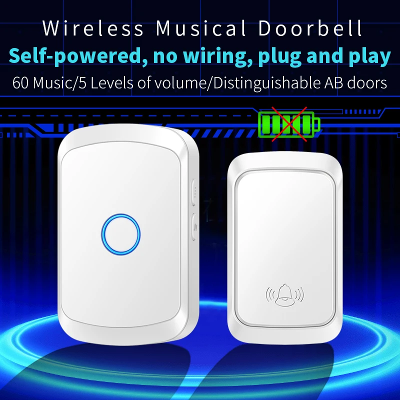 CACAZI Wireless Doorbell Waterproof Self-powered Button Smart Door Bell Sets Home Welcome Outdoor House Chimes Receiver Hot Sale