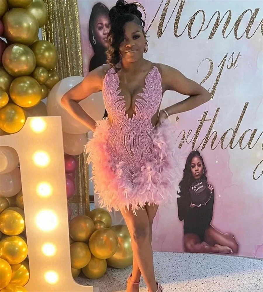 

Pink Sheer Feather Beaded Short Prom Dresses For Black Girls Sexy Women African Cocktail Dresses Birthday Party Homecoming