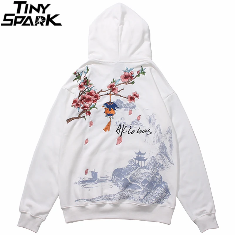 Hip Hop Men Streetwear Hoodie Japan Sakura Embroidery Wonderland 