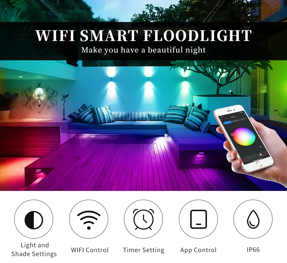 12v flood light RGB  WiFi smart floodlight AC220V 30W 50W 100W IP66 outdoor wall light supports mobile App control garden landscape lighting flood light