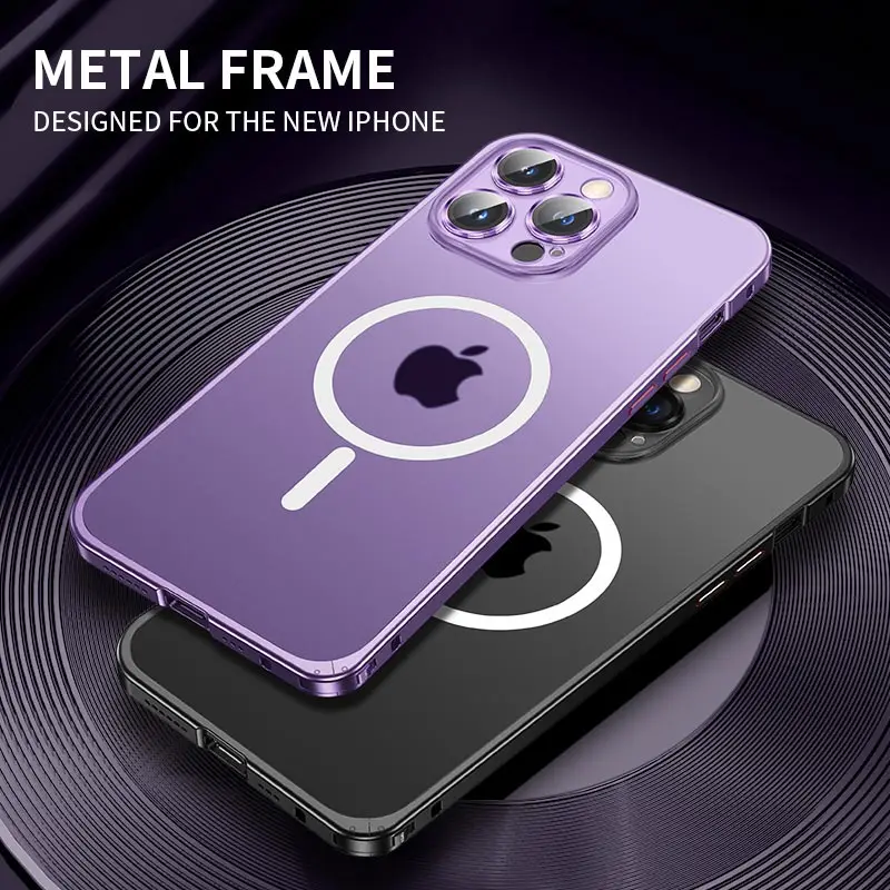 

Magnetic Metal Frame Cases For Iphone 14 13 Pro Max Transparent backpanl Lens Film For Magsafe Wireless Charger Protection Cover