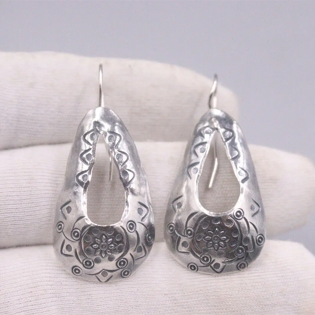 

Solid 925 Sterling Silver Dangle Earrings 45mm H Floral O-Shape Charm