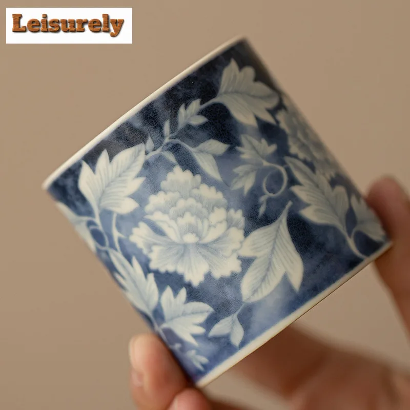 Soda Glazed Yuan Blue and White Ceramic Teacup Retro Tea Bowl Cute Cup Tea-tasting Smelling Cup Chazhan Master Cups Drinkware