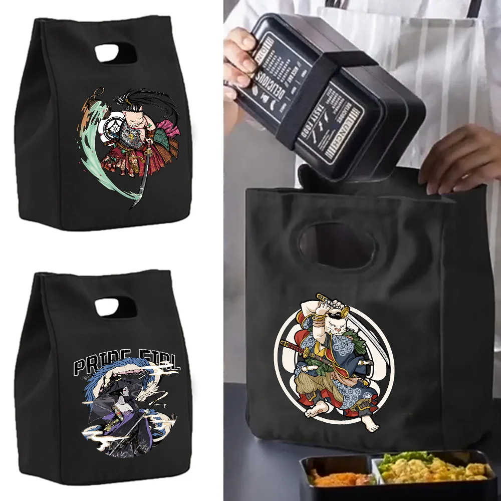 Insulated Bag Thermal Lunch Bags for Women Fridge Pouch Food Tote Cooler Handbags for Work Canvas Picnic Box Samurai Pattern