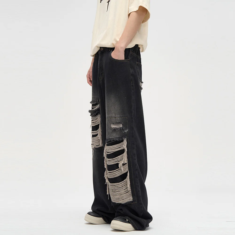 Men's Ripped Black Jeans Harajuku Wide Leg Pants Denim Baggy Y2K Cargo Pants Streetwear Koean Style Clothes Gothic