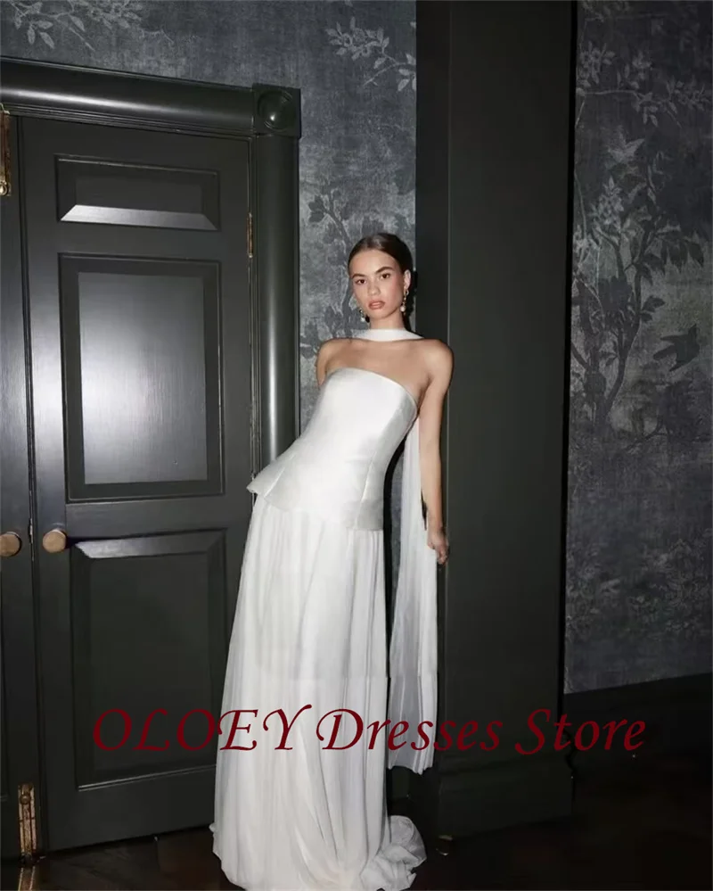OLOEY Modern Simple A Line Wedding Dresses 2 pcs Strapless Scalf Satin Tulle Scalf Bridal Gowns Plus Size Robes Customized 2