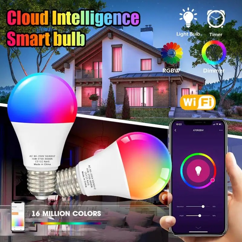 15W WiFi 스마트 전구 E27 LED RGB 램프 Alexa, Google 홈 100-240V RGB + 화이트 디밍 가능 타이머 기능, 색상 전구