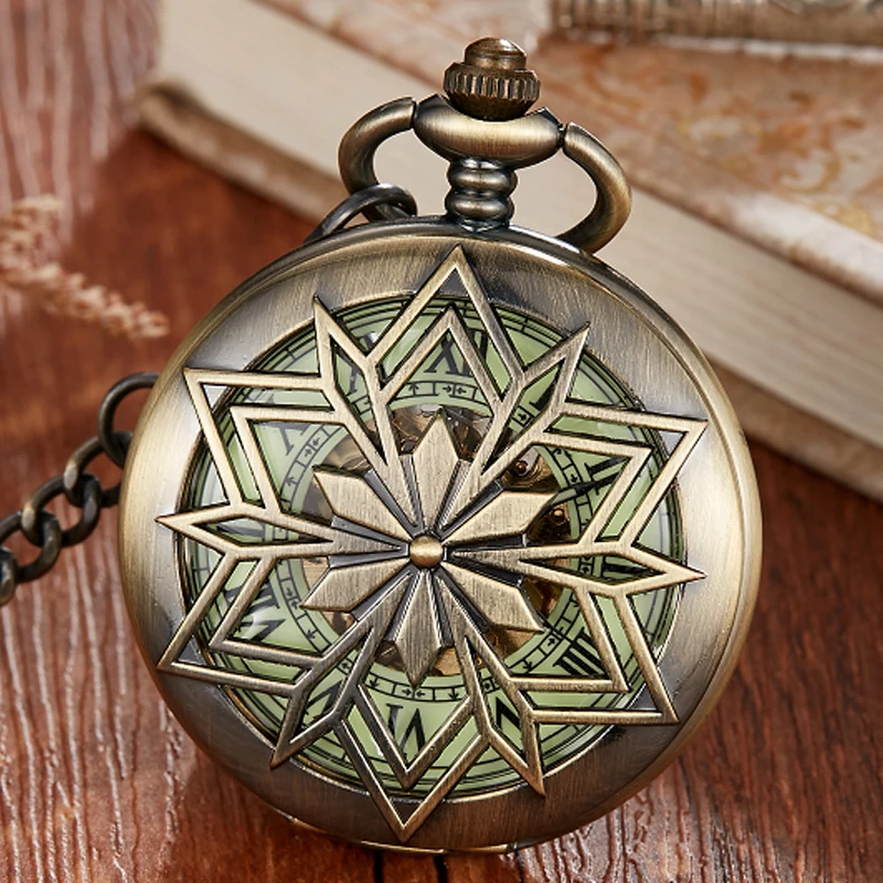 Maple Leaves Rhombus Luminous Mechanical Pocket Watch Hand Winding Pendant Chain Fob Watch Vintage Necklace Hollow For Men Gift