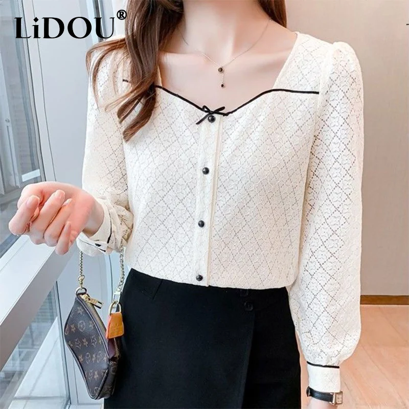 Spring Autumn Square Collar Elegant Fashion Lace Shirt Women Long Sleeve All-match Tops Ladies Bow Hollow Out Cardigan Blouse girls leather shoes latin dance shoes adult ladies mid heel square autumn ballroom non slip genuine leather soft sole dance shoe