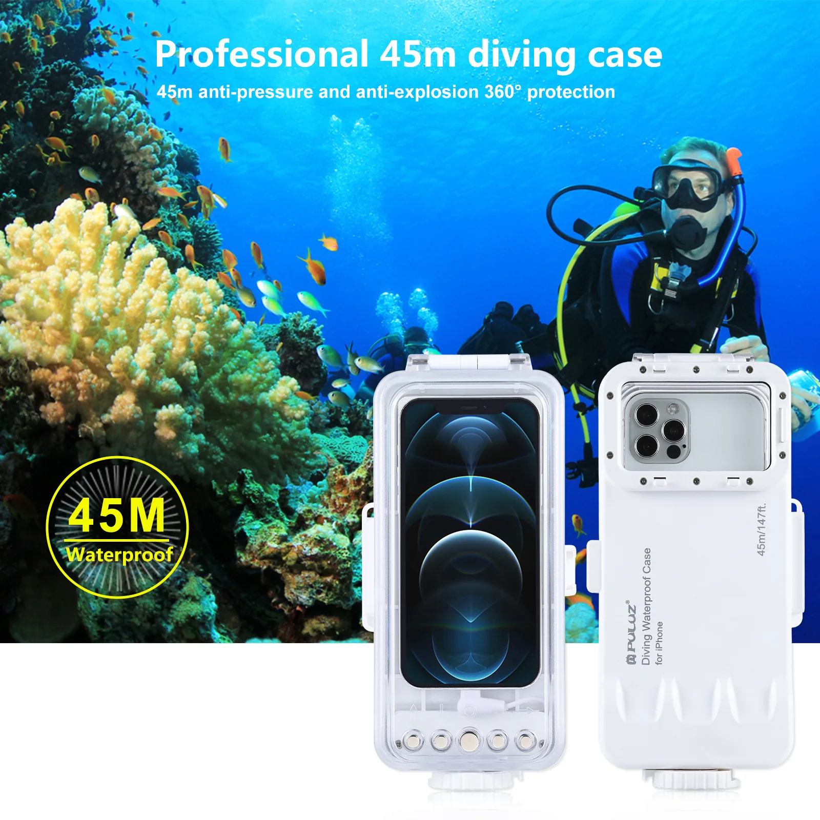 

45m/147ft Waterproof Diving Housing Photo Video Taking Underwater Cover Case for iPhone 13/12 for iOS 13.0 or Above Version