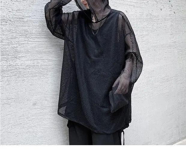 2024 Summer Dark Hollowed Out Mesh Hoodies T-shirt For Men Women Long Sleeves Loose Hooded Mesh Transparent Shirts