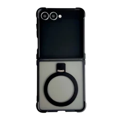 Frosted Translucent Magnetic Holder Case - Luxury Shockproof Soft Cover - Galaxy Z Flip5 (Black)