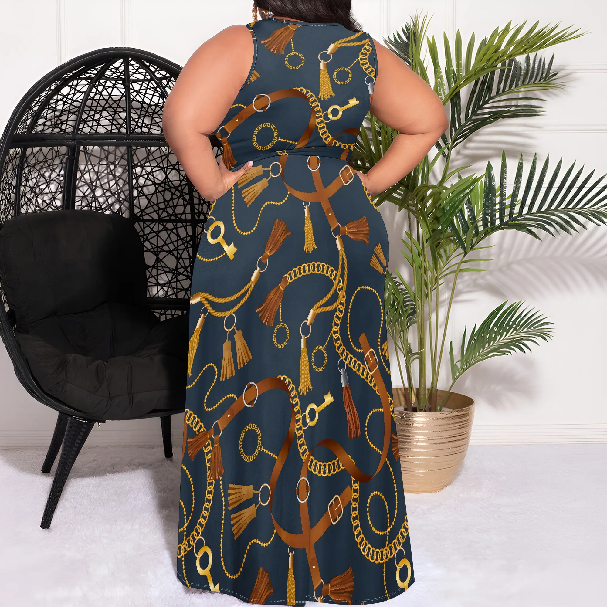 Sexy Damen-Freizeitkleider in Übergröße für kurvige Frauen, 3D-gedrucktes Neckholder-Maxikleid mit V-Ausschnitt und kurzen Ärmeln, lockeres Maxikleid mit hohem Schlitz – Detail 7
