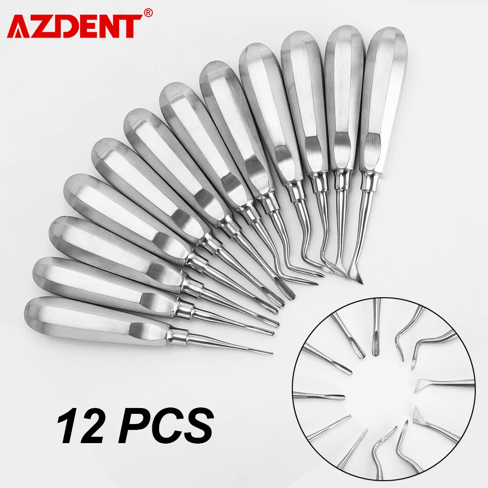 Azdent 12pcs/set Dental Elevator Stainless Steel Teeth Extraction Tools Kit Stright Curved Root
