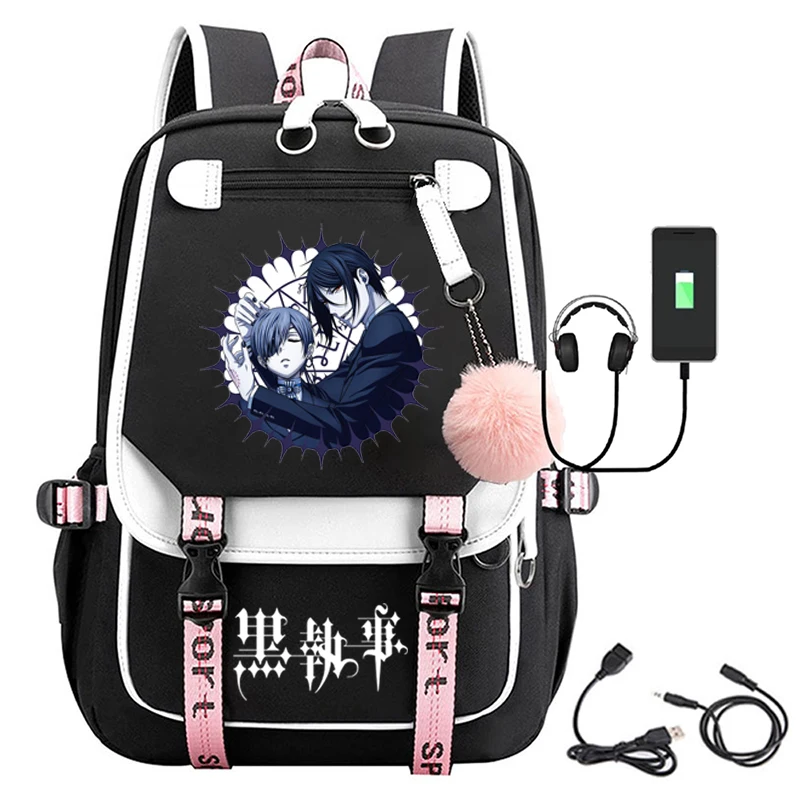 블랙 집사 애니메이션 USB 포트 배낭 나일론 학교 책 학생 여행 가방, 노트북 캐주얼 대형 메신저 백