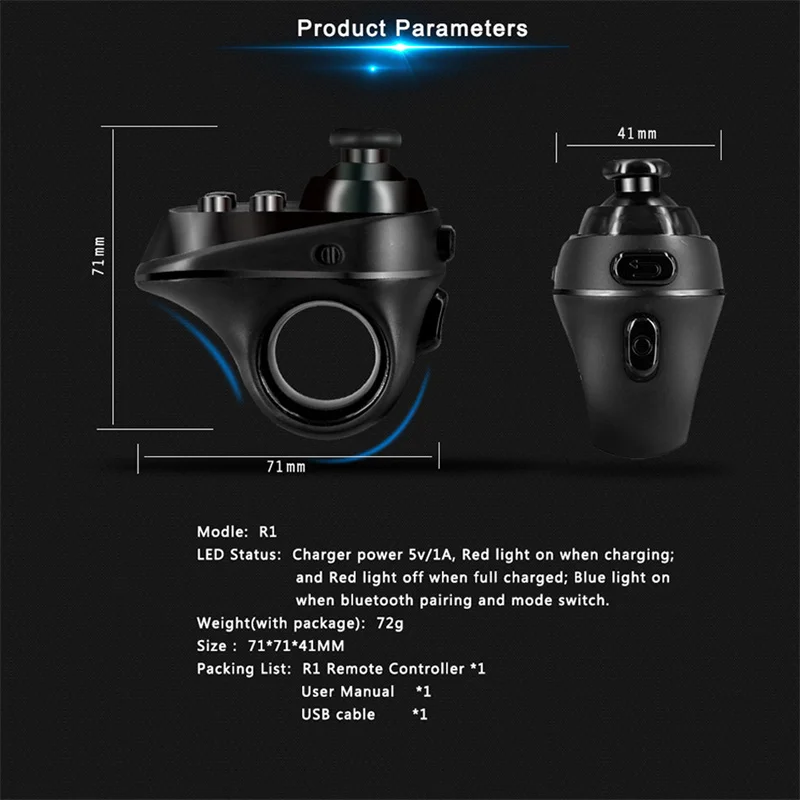 Game Controller R1 Mini Ring Bluetooth Rechargeable Wireless VR Remote Game Controller Joystick Gamepad For Android 3D Glasses