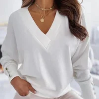 Spring Autumn Women Pure Soft Long Sleeve Sweater V-neck Fashion Jumper Office Lady Button Loose Casual Pullover Top Sweaters - Image 6