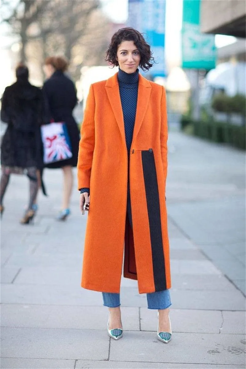 Designer Orange Woolen Women Overcoat Suit Custom Made Fall Winter