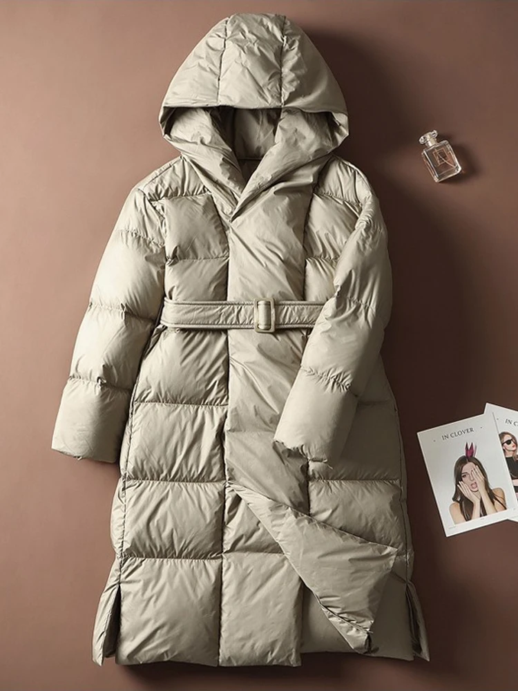 High quality Women Hooded Down jacket Loose Solid warm 2023 Winter Female Long Puffer Coat With belt Fashion Clothes INKEO 3O085