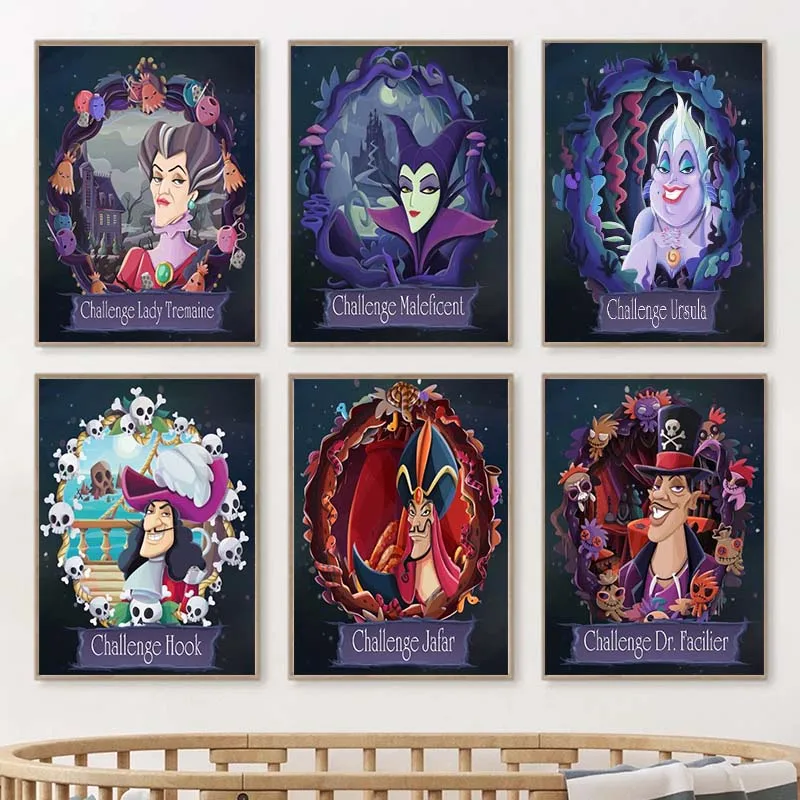 Disney Cattivi Poster E Stampe Cartoon Dr. Facilier Hook Lady Tremaine Ursula Jafar Maleficent Canvas Painting Wall Art Decor