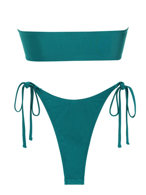 ZAFUL Solid O Ring Swimsuit For Women Tie Side Shiny Metal Hardware Ring  Bandeau Bikini Swimwear