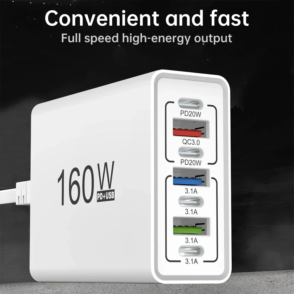 160W Multi-Port USB C Fast Charger Phone Adapter EU US Plug For iPhone Samsung Xiaomi Huawei QC3.0 Wall Travel 7-Port Charger