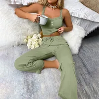 Nouvel ensemble de pyjama deux pièces pour femme avec bordure en dentelle de couleur unie, sexy, coupe ajustée, bretelles et pantalon, pyjama doux et confortable 4