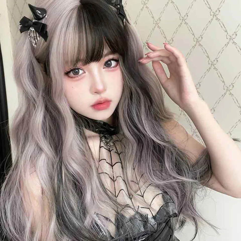 Brown Black Synthetic Wig with Ash Highlight for Women