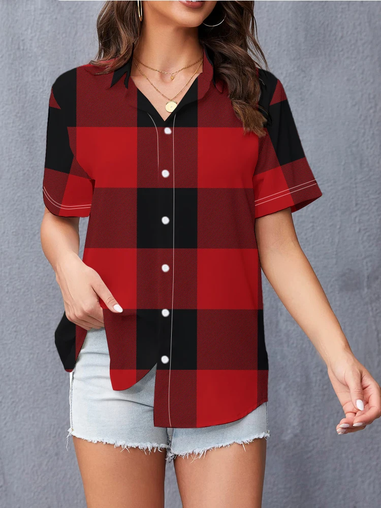 

Рубашка женская повседневная с коротким рукавом, модная Популярная свободная рубашка с 3d цифровой печатью, в красную и черную клетку, на лето