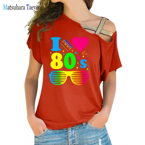I Love The 80 년대 여성 티셔츠, 파티용 불규칙 티셔츠, 디자이너 미학 패션, 섹시 티, 재미있는 티 3