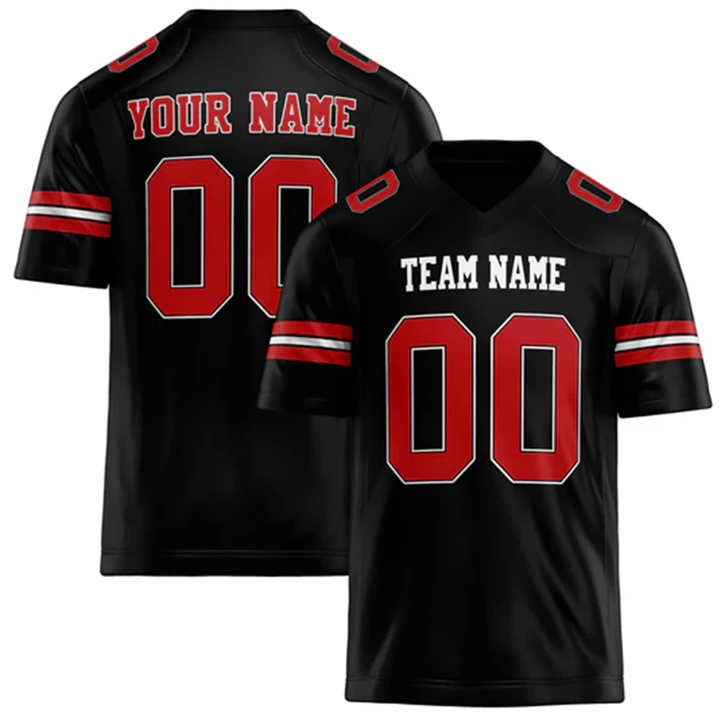 Rugby T-shirt met gepersonaliseerde teamnaam, nummer en logo, zelf te maken, V-hals, zwart, losvallend, sneldrogend, teamuniformen_voghion.com