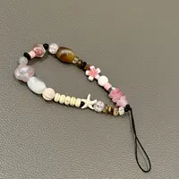 Boho Beaded Phone Charm Handmade Retro Bracelet Strap with Shell and Flower Beads Aesthetic Phone Lanyard for Women 2
