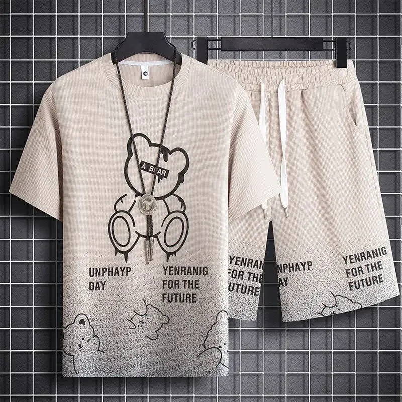 thumbnail image 1 of Conjunto de chándal y pantalones cortos para hombre, chándal con capucha y estampado de gofres en negro, dos piezas, camiseta y pantalones cortos, estilo coreano 2024, atuendo elegante, 1 of 4
