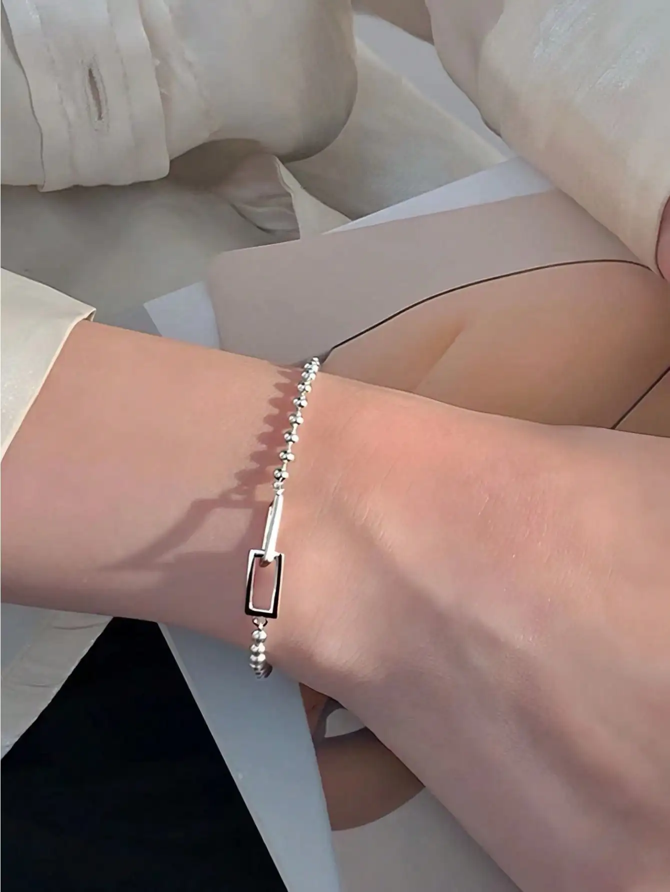 925 Sterling Silver Geometric Square Round Bead Bracelet For Women Personality Temperament Simple Hand Jewelry Party