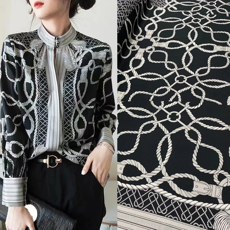

2023 New Black Temperament Orientation Printing Stretch Silk Fabric High Grade Shirt Dress Silk Scarf Fabric Hand Cutting Women