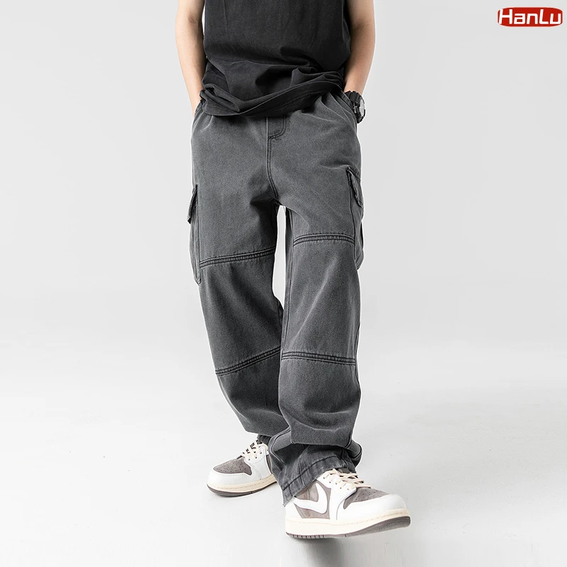 HanLu 2023 Men Jean Pants Japanese Retro Washed Straight Wide-Leg Jeans Loose Big Pocket  Hip Hop Street Denim Pants Male
