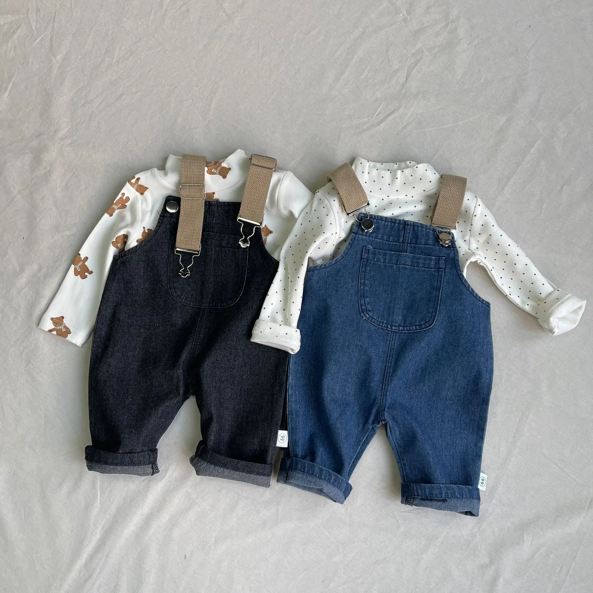 2025 Spring New Baby Fashion Denim Overalls Infant Boy Loose Strap Trousers Girls Solid Versatile Casual Pants Toddler Jeans