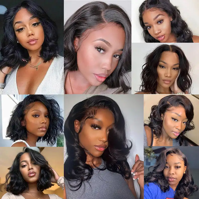 Perruque Bob Lace Front Wig Body Wave naturelle, cheveux courts, 13x4, densité 180%