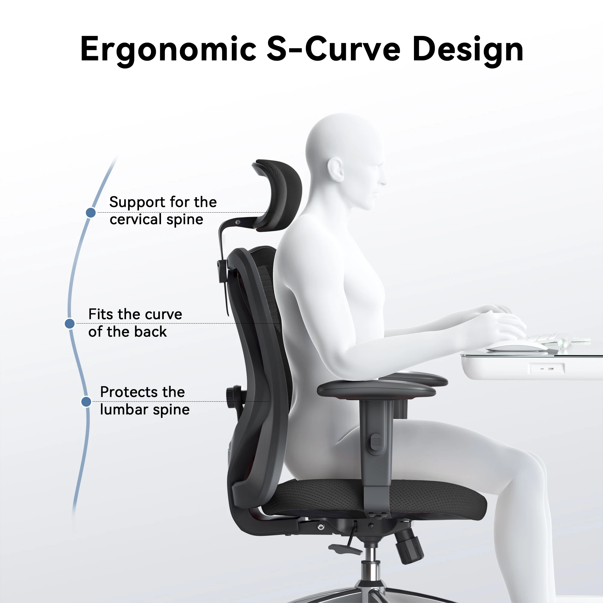 SIHOO M18 Ergonomic Office Chair for Big And Tall People Adjustable Headrest 2D Armrests Lumbar Support PU Wheels Swivel Feature 5