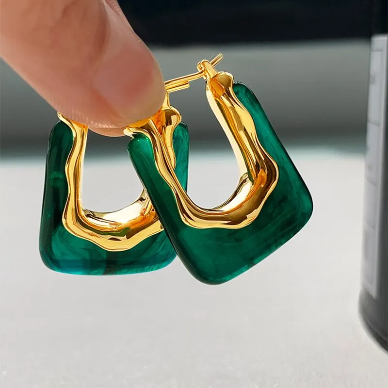 Green Pink Transparent Resin Earrings - Geometric Irregular Stud Earring