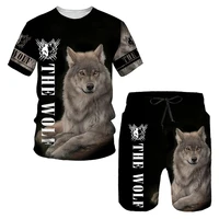 The Wolf Print Set Suit Hip Hop Harajuku 3D Sports 2 Piece Oversized Sweatshirt  O-neck Tshirt Beach Shorts Outfits man clothes 2