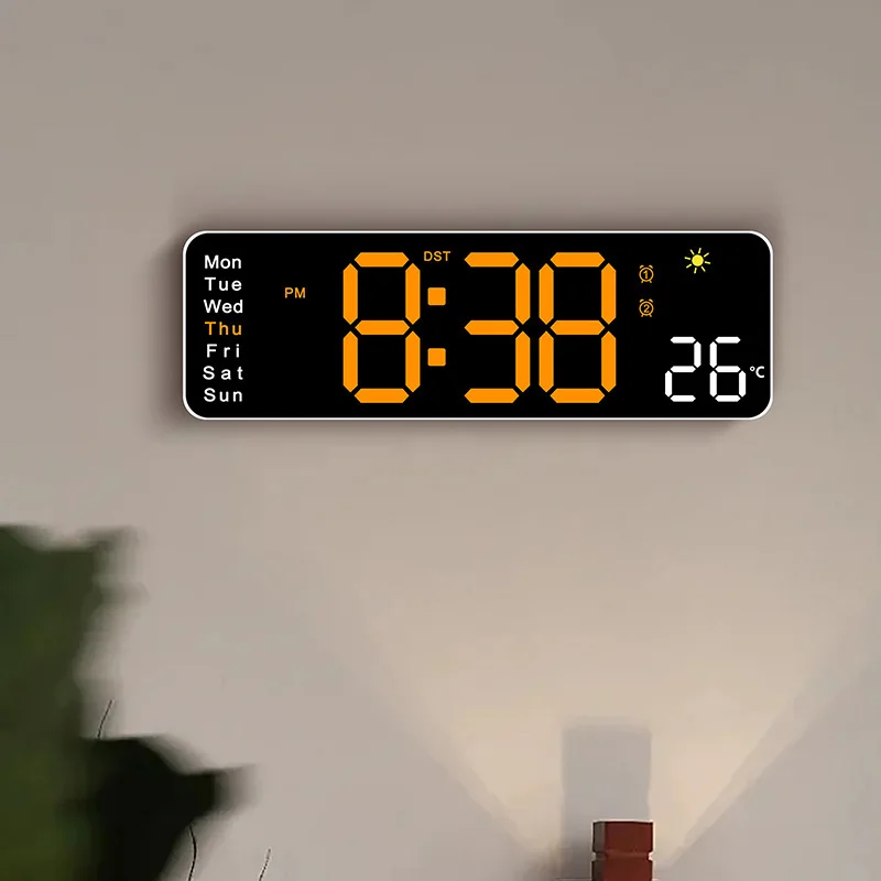 Digital Wall Clock Wall Clock Digital Display Clock Large Screen Digital Wall Clock Temperature Humidity Date Week Display Weather Clock Dual-Alarms USB Electronic LED Alarm Clocks