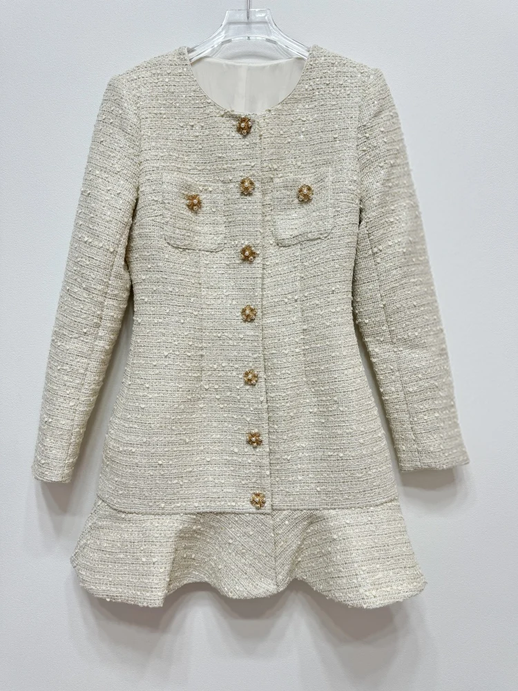 

JAMERARY Runway Pearls Diamonds Buttons Woolen Tweed Dress Women Autumn Winter