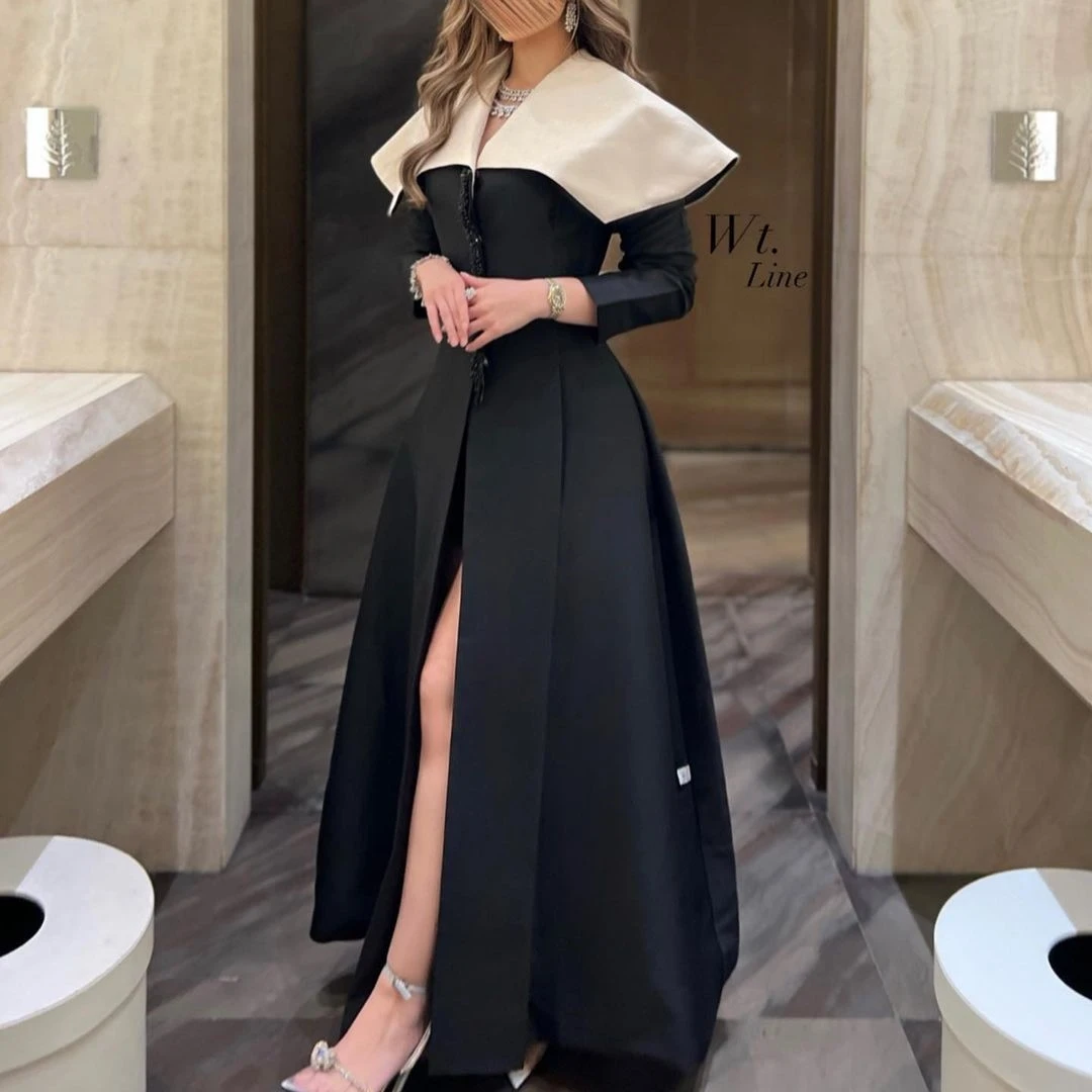 

Saudi Arabia Long Sleeve Muslim Evening Dresses Black Side Slit A Line Prom Dresses V Neck Formal Banquet Party Dresses