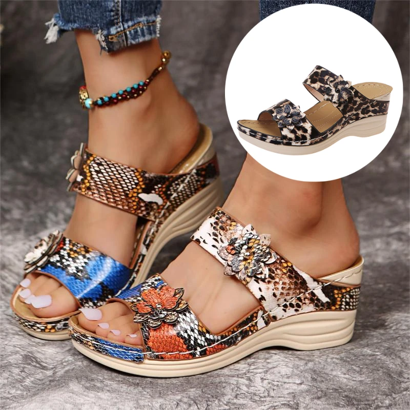 

Sandals Open Toe Slipper Outdoor Wedges Comfortable Flip Flop Platform Fish Mouth Leopard Snake Pattern Beach Summer Low Heels