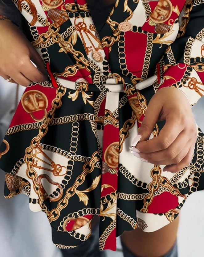 Women's Short Jumpsuit 2023 Autumn Women Pattern Printed Ladies Office Playsuit Chain Baroque Scarf Print Pocket Design Romper