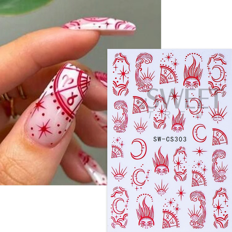 2pcs Star Nail Art Stickers 3D Retro Red Sun Star Moon Line Sliders Design Bohemia Nail Decals Holographic Manicure Decoration