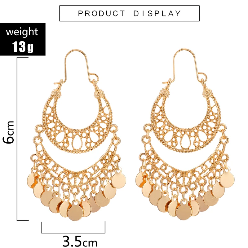 Gypsy Gold Hollow Leaf Coin Pendant Earrings for Women