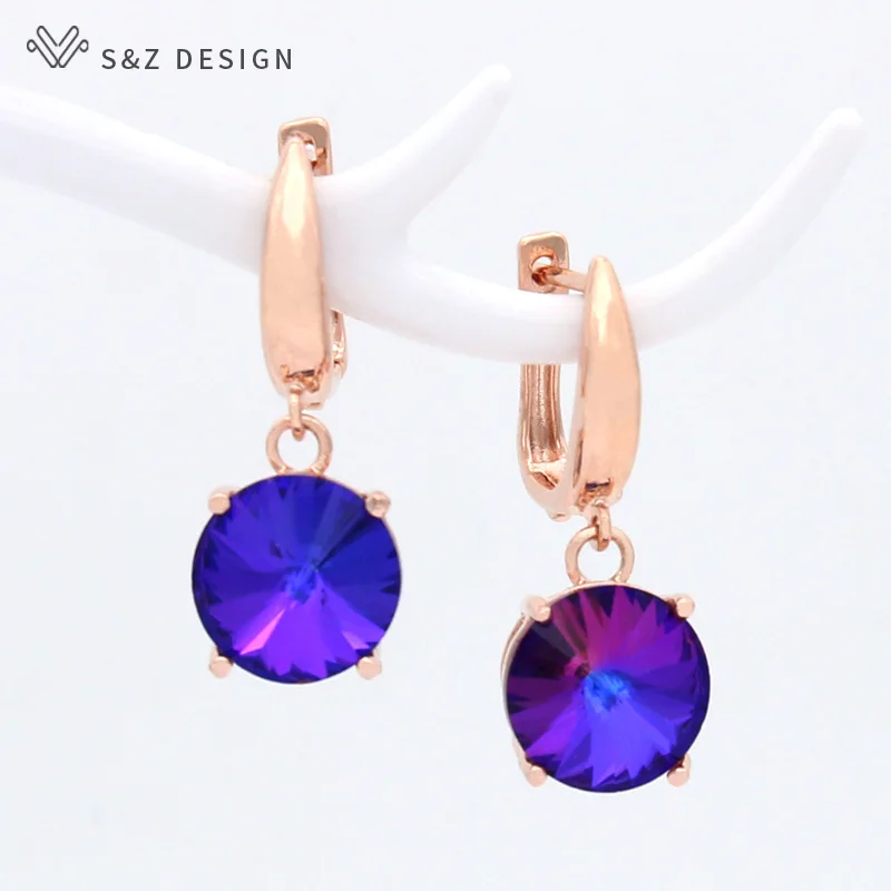 S&Z DESIGN New Colorful Round Large Crystal Dangle Earrings For Women Wedding Jewelry Fashion 585 Rose Gold Color Eardrop Gift