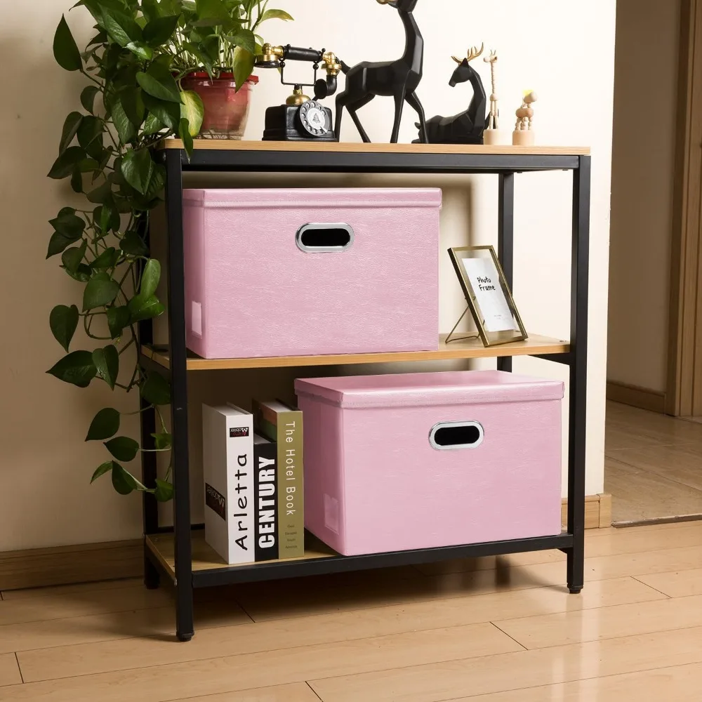 Foldable Storage Bins with Lids [5-Pack] Leather Fabric Collapsible Storage Boxes Organizer Containers Baskets Cube 3